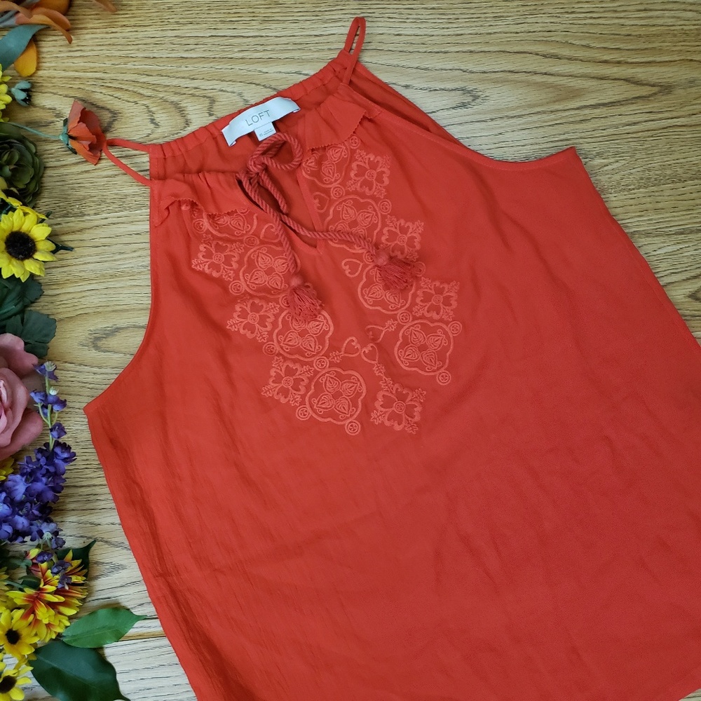 LOFT Orange Embroidered Boho Tassel Top